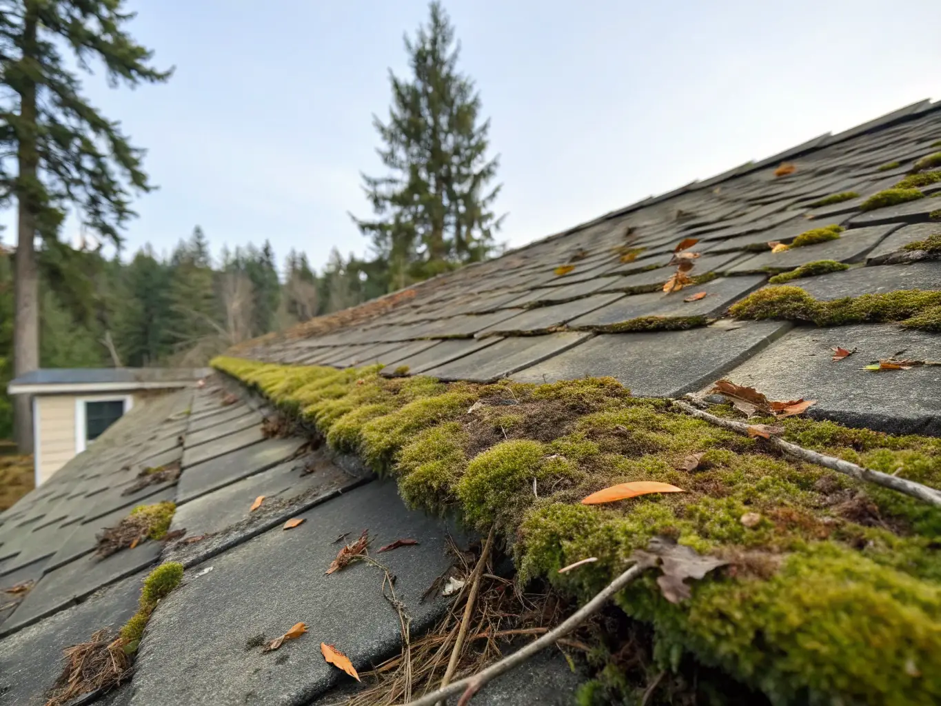 A residential roof covered in green moss, photographed on a sunny day in Folsom, California, illustrating the need for professional moss removal services.