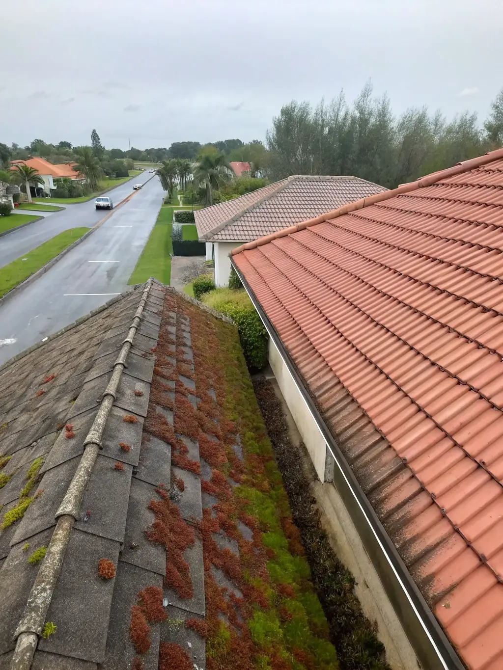 A before-and-after image showing a dirty roof being cleaned to reveal its original color, demonstrating the effectiveness of Roof moss removal Folsom's cleaning services.