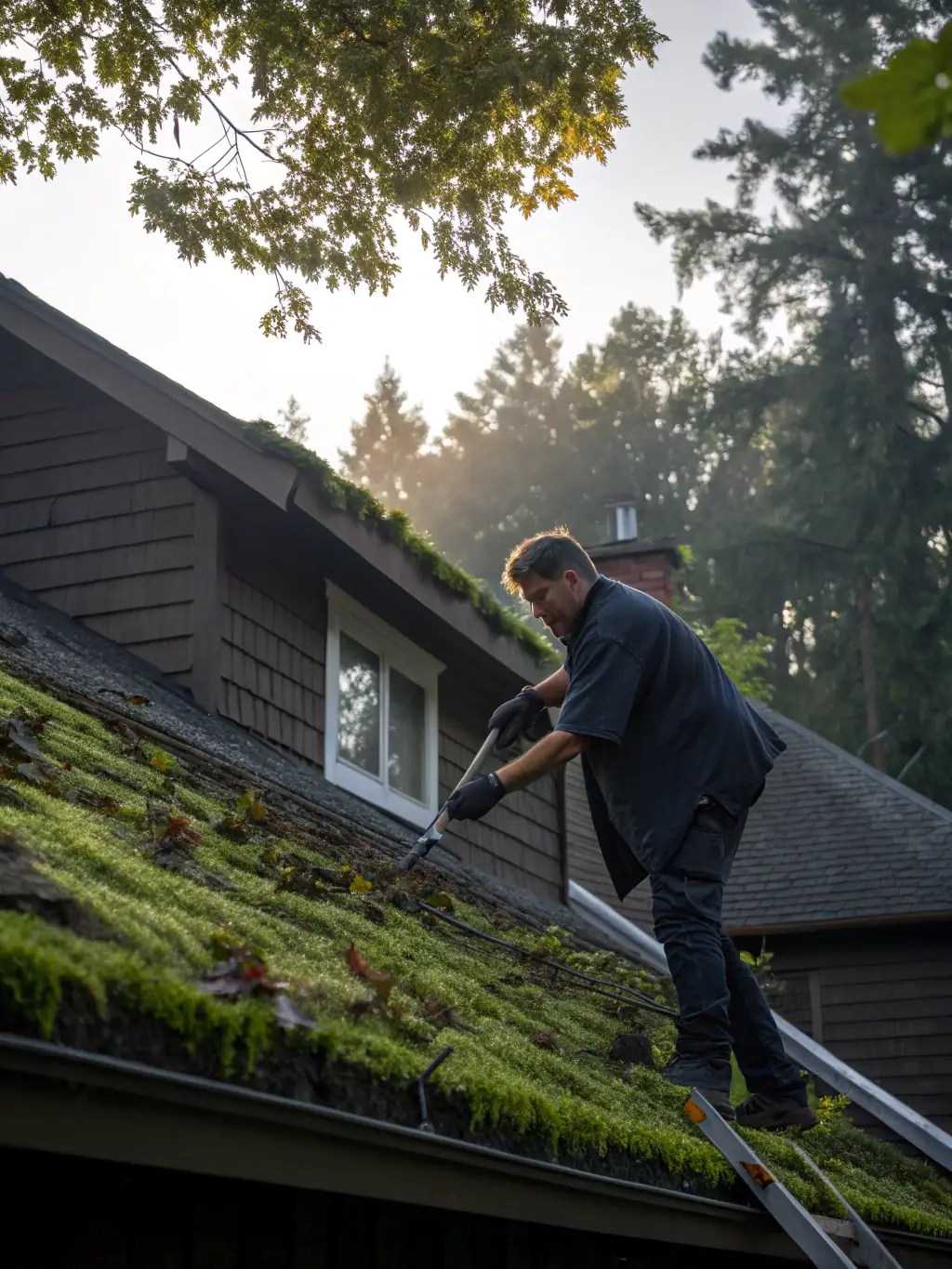 A technician applying moss treatment to a roof, showcasing the preventative measures taken to protect roofs from future moss growth in Folsom.