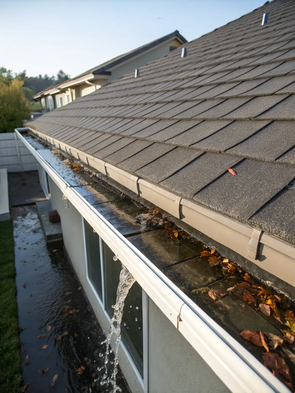 A photo of clean, unobstructed gutters, emphasizing the importance of proper gutter maintenance to prevent water damage to homes in Folsom, CA.